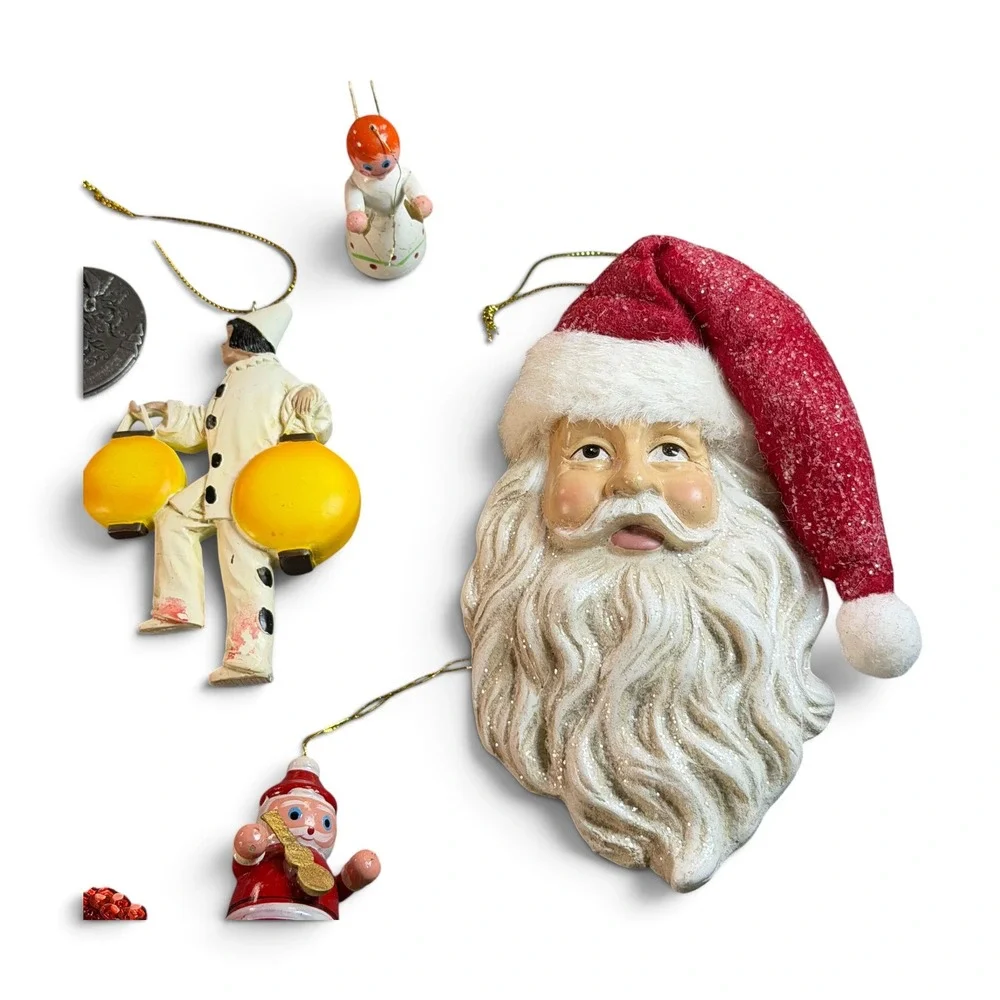 Vintage Christmas Ornament Lot Santa Claus Reindeer Clown Angel Kitsch 11 pieces